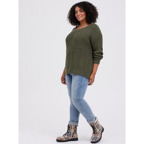 Torrid Womens Sweater Sz 0 L 12 Olive Green Cable Tie Back Thick Bow - Picture 5 of 10